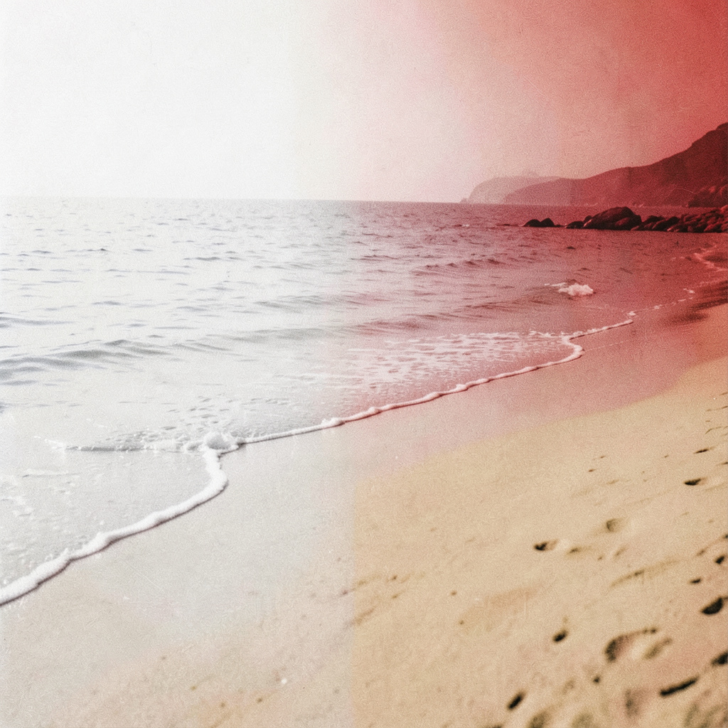 Soft shoreline transition from cool white to warm tan, evoking calm and thoughtful connection