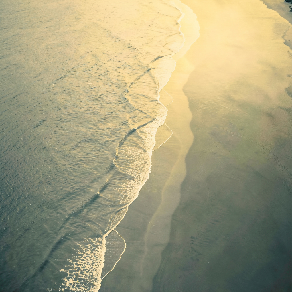 Aerial duotone of a curving shoreline in muted cool and warm tan tones, calm and contemplative atmosphere