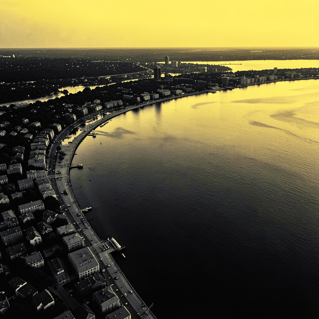 Aerial duotone view of a curving Baltimore shoreline in deep charcoal and warm gold tones, evoking a calm harbor at dawn