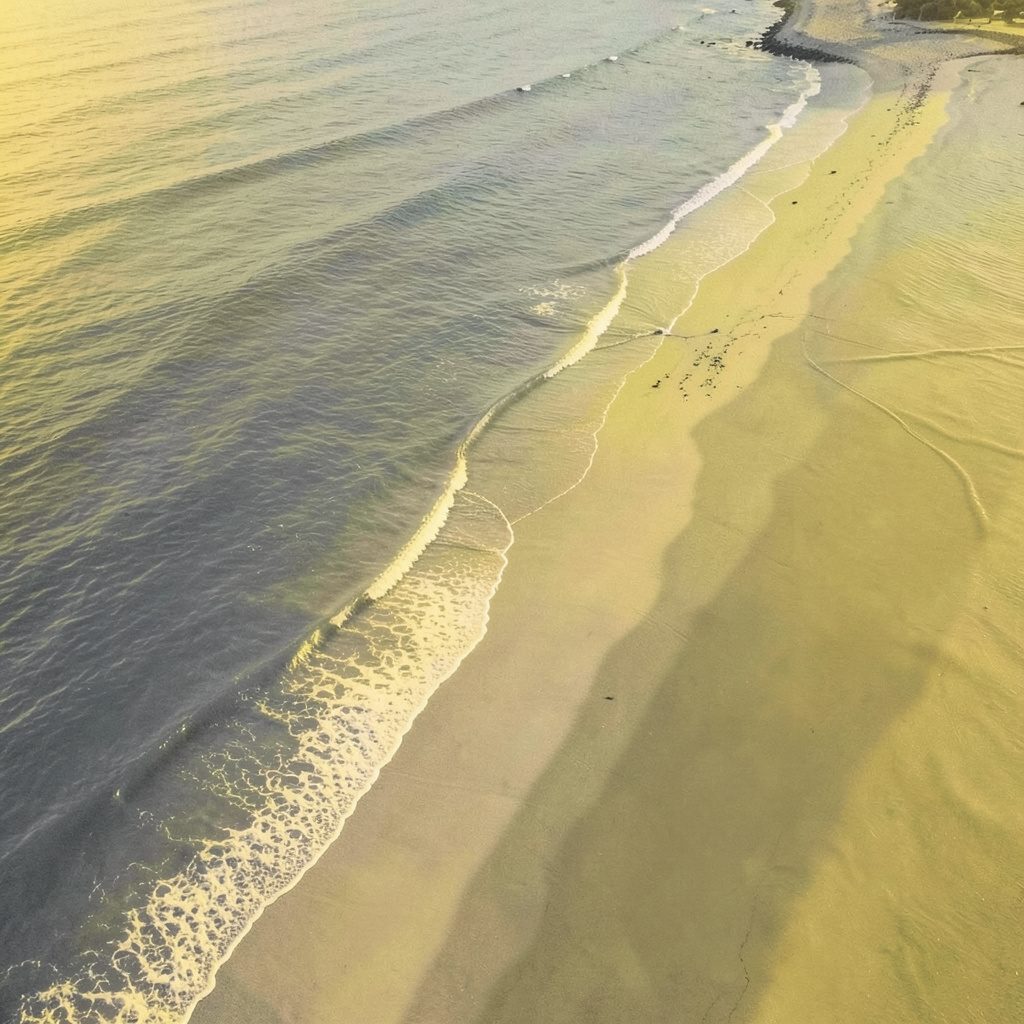 Aerial duotone image of a curving shoreline in muted cool and warm earthy tones, calm and travel-friendly mood